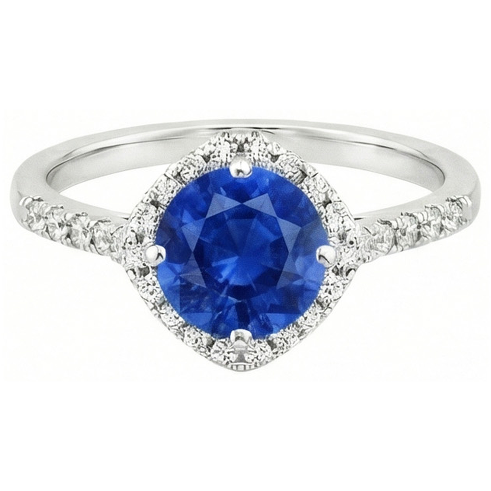 Anello con zaffiro blu dello Sri Lanka a 4 carati e diamante rotondo in oro bianco 14K