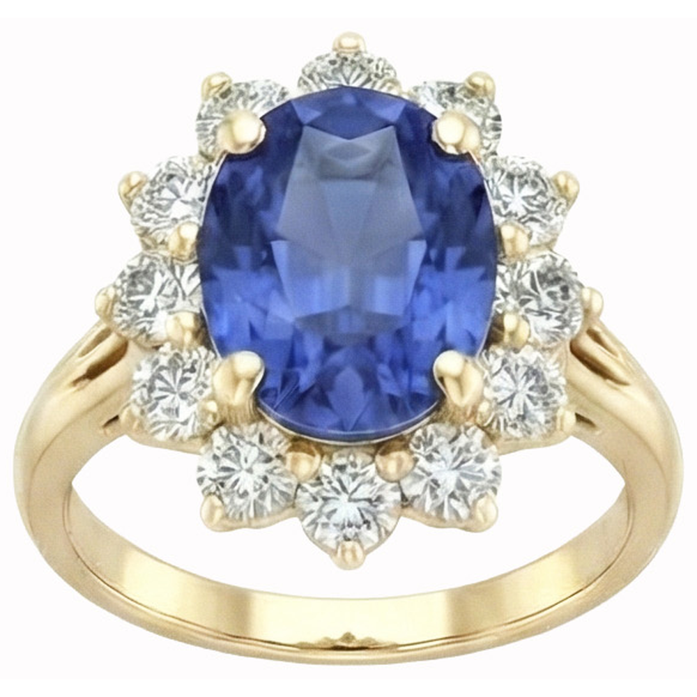 Anello con zaffiro blu dello Sri Lanka a taglio rotondo 3 carati e diamanti in oro bianco 14K