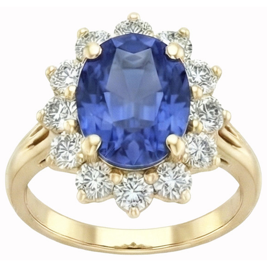 Anello con zaffiro blu dello Sri Lanka a taglio rotondo 3 carati e diamanti in oro bianco 14K