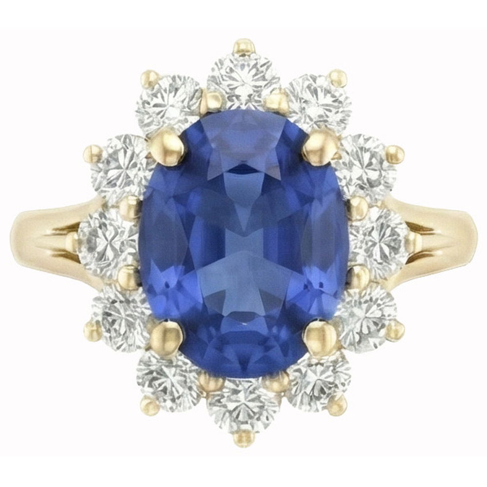 Anello con zaffiro blu dello Sri Lanka a taglio rotondo 3 carati e diamanti in oro bianco 14K