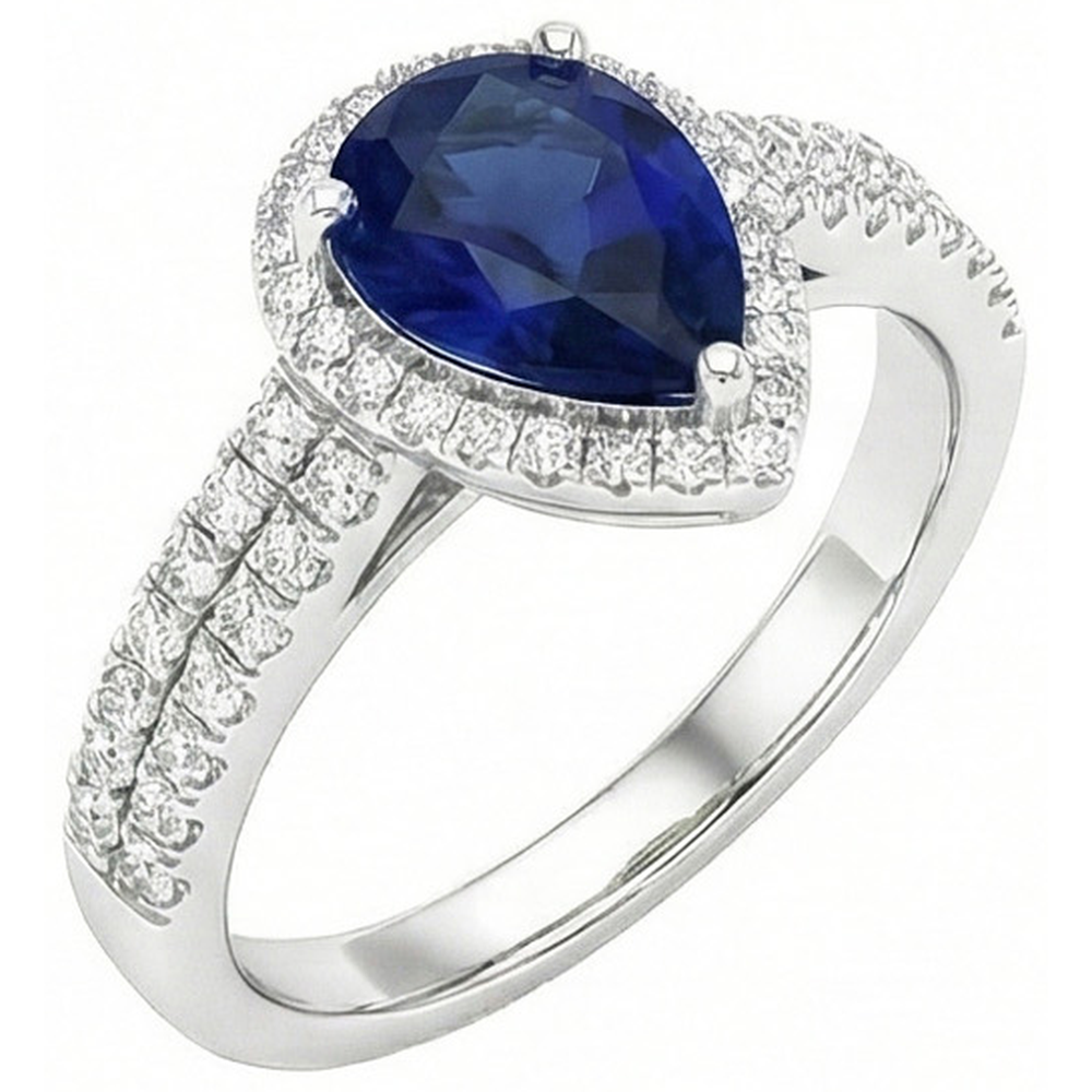 Anello con zaffiro blu dello Sri Lanka da 2,75 carati e diamante tondo pera WG in oro bianco 14K