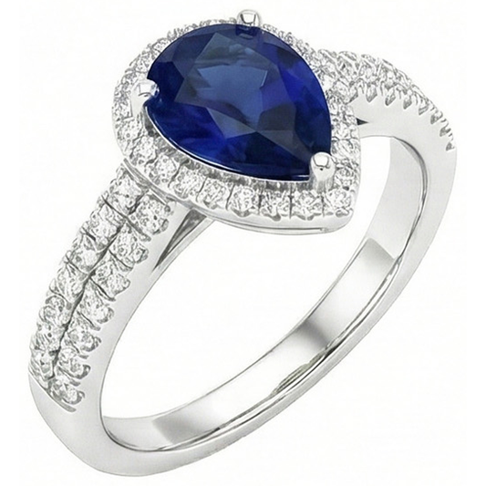 Anello con zaffiro blu dello Sri Lanka da 2,75 carati e diamante tondo pera WG in oro bianco 14K
