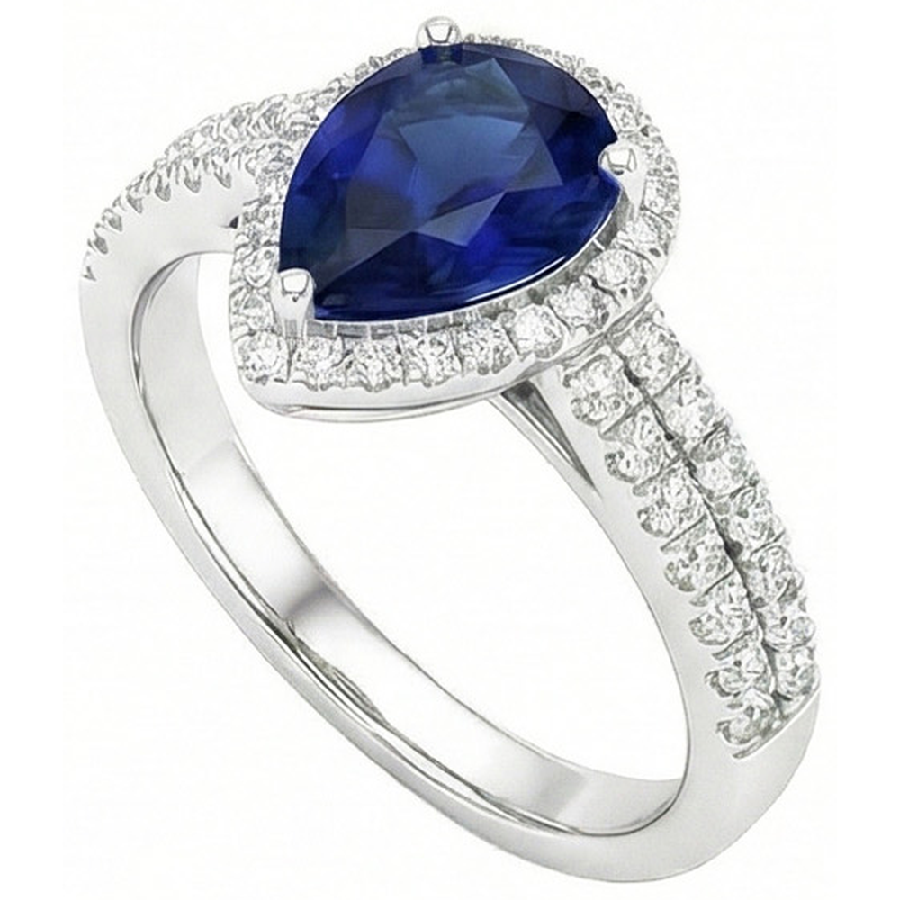 Anello con zaffiro blu dello Sri Lanka da 2,75 carati e diamante tondo pera WG in oro bianco 14K