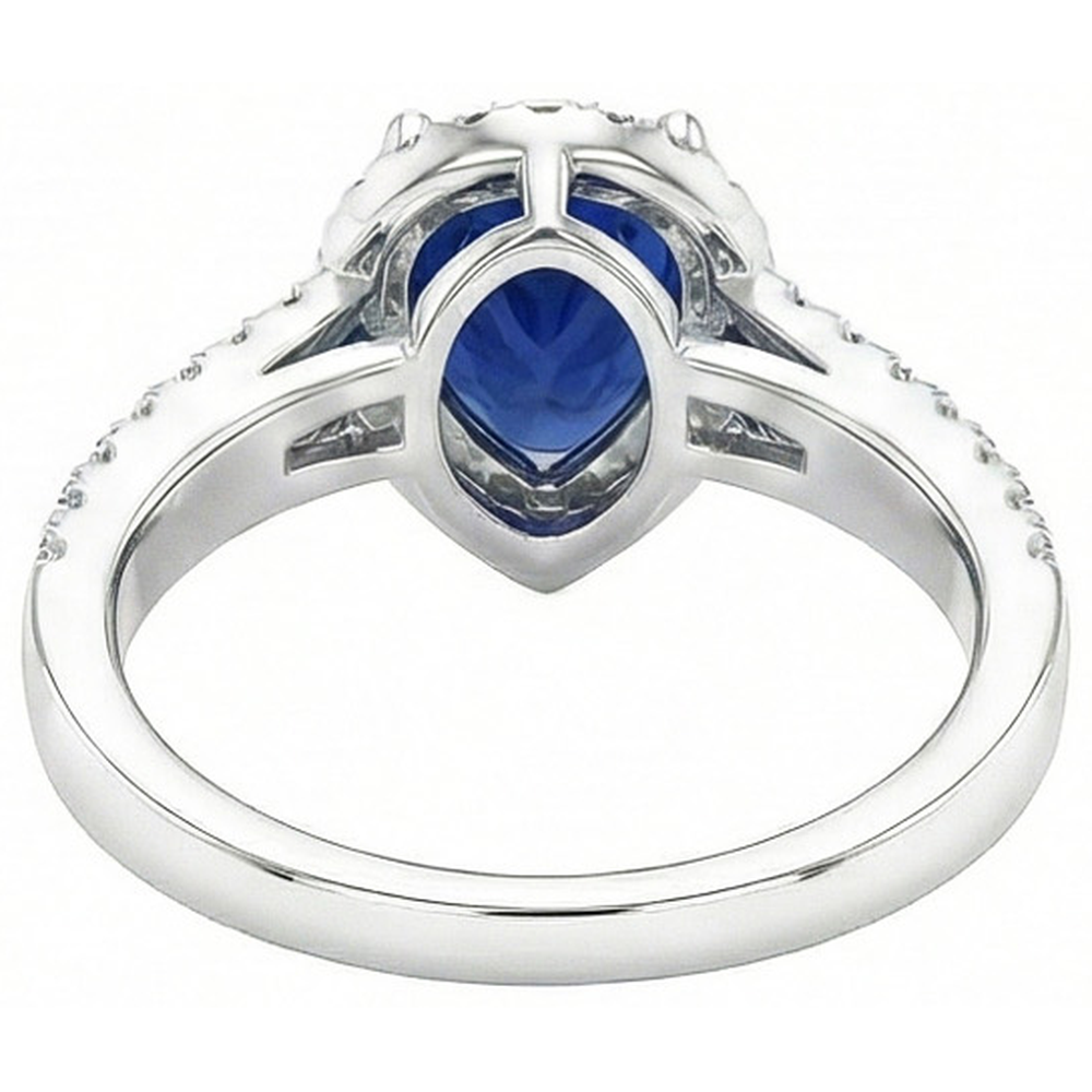 Anello con zaffiro blu dello Sri Lanka da 2,75 carati e diamante tondo pera WG in oro bianco 14K