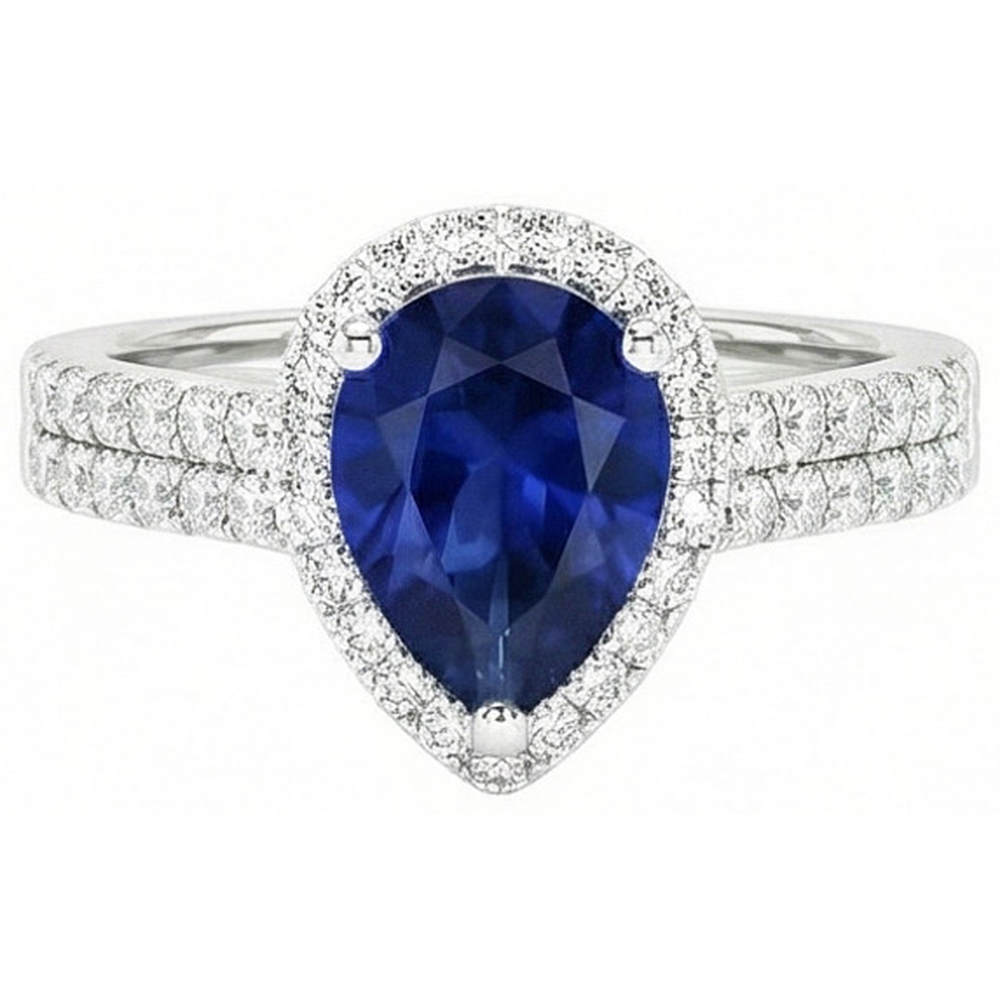 Anello con zaffiro blu dello Sri Lanka da 2,75 carati e diamante tondo pera WG in oro bianco 14K