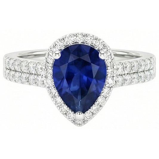 Anello con zaffiro blu dello Sri Lanka da 2,75 carati e diamante tondo pera WG in oro bianco 14K