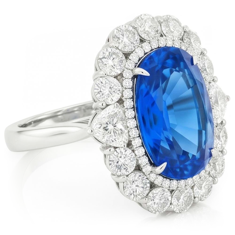 Anello con zaffiro blu dello Sri Lanka e diamante da 8,25 ct in oro bianco 14K