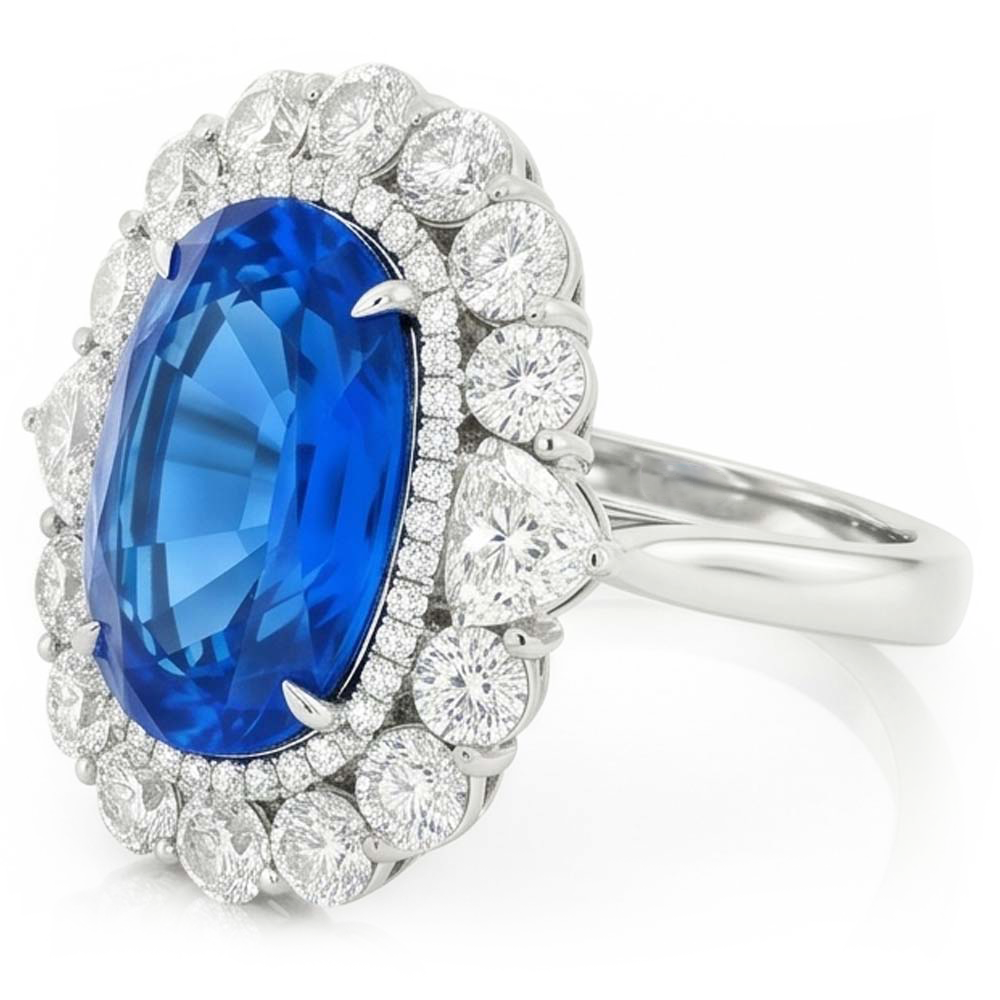 Anello con zaffiro blu dello Sri Lanka e diamante da 8,25 ct in oro bianco 14K