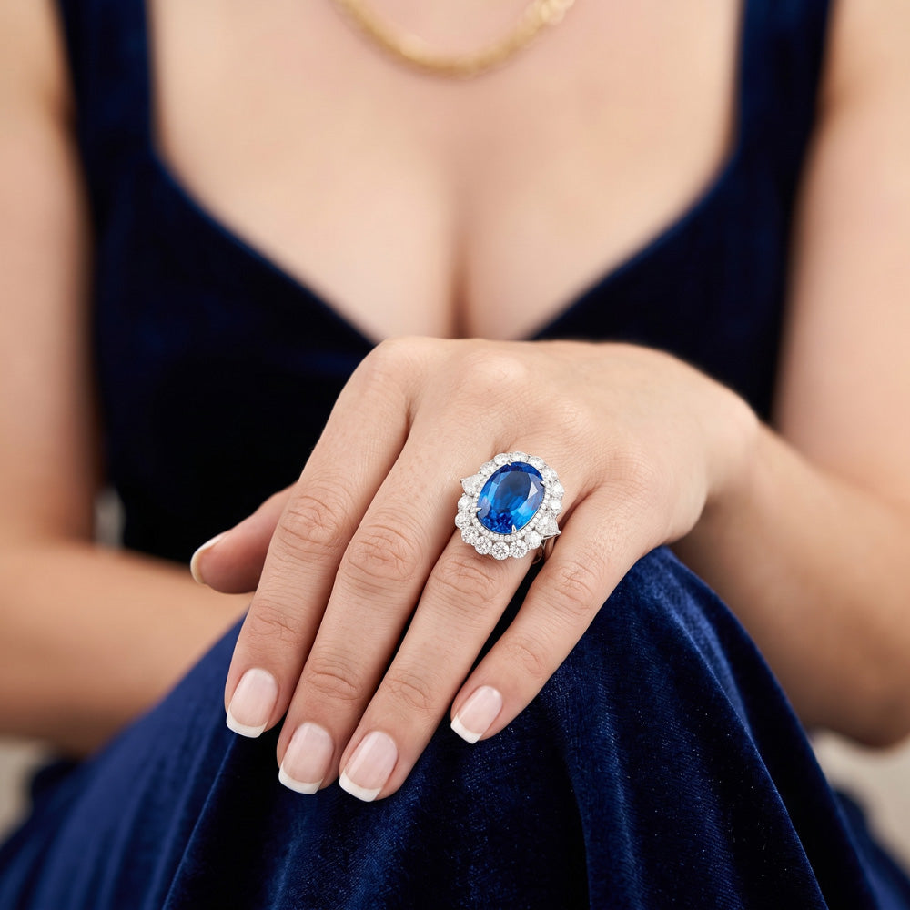 Anello con zaffiro blu dello Sri Lanka e diamante da 8,25 ct in oro bianco 14K