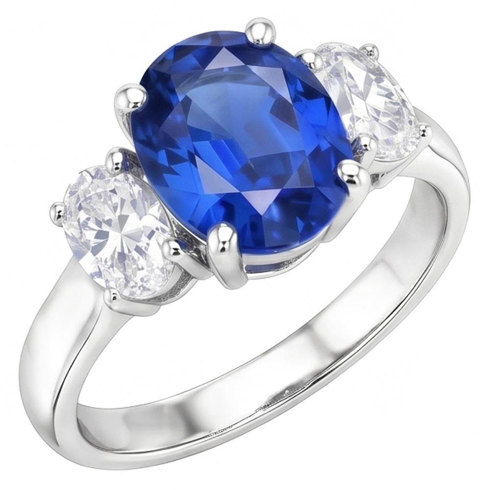 Anello con zaffiro blu dello Sri Lanka e diamanti 3 pietre 2.60 carati WG 14K