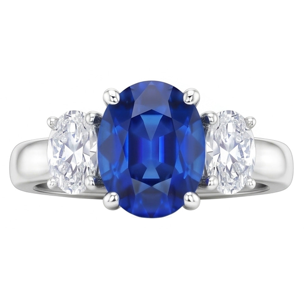 Anello con zaffiro blu dello Sri Lanka e diamanti 3 pietre 2.60 carati WG 14K