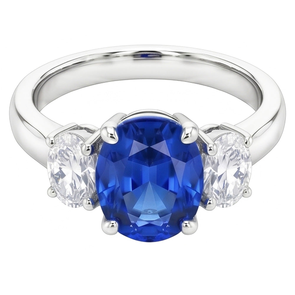 Anello con zaffiro blu dello Sri Lanka e diamanti 3 pietre 2.60 carati WG 14K