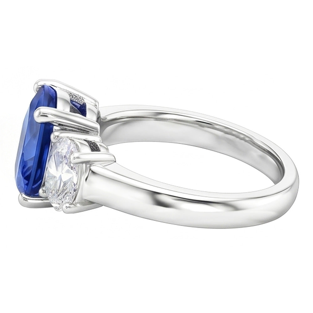 Anello con zaffiro blu dello Sri Lanka e diamanti 3 pietre 2.60 carati WG 14K