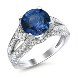 Anello con zaffiro blu di Ceylon 4 carati e diamante in oro bianco 14K