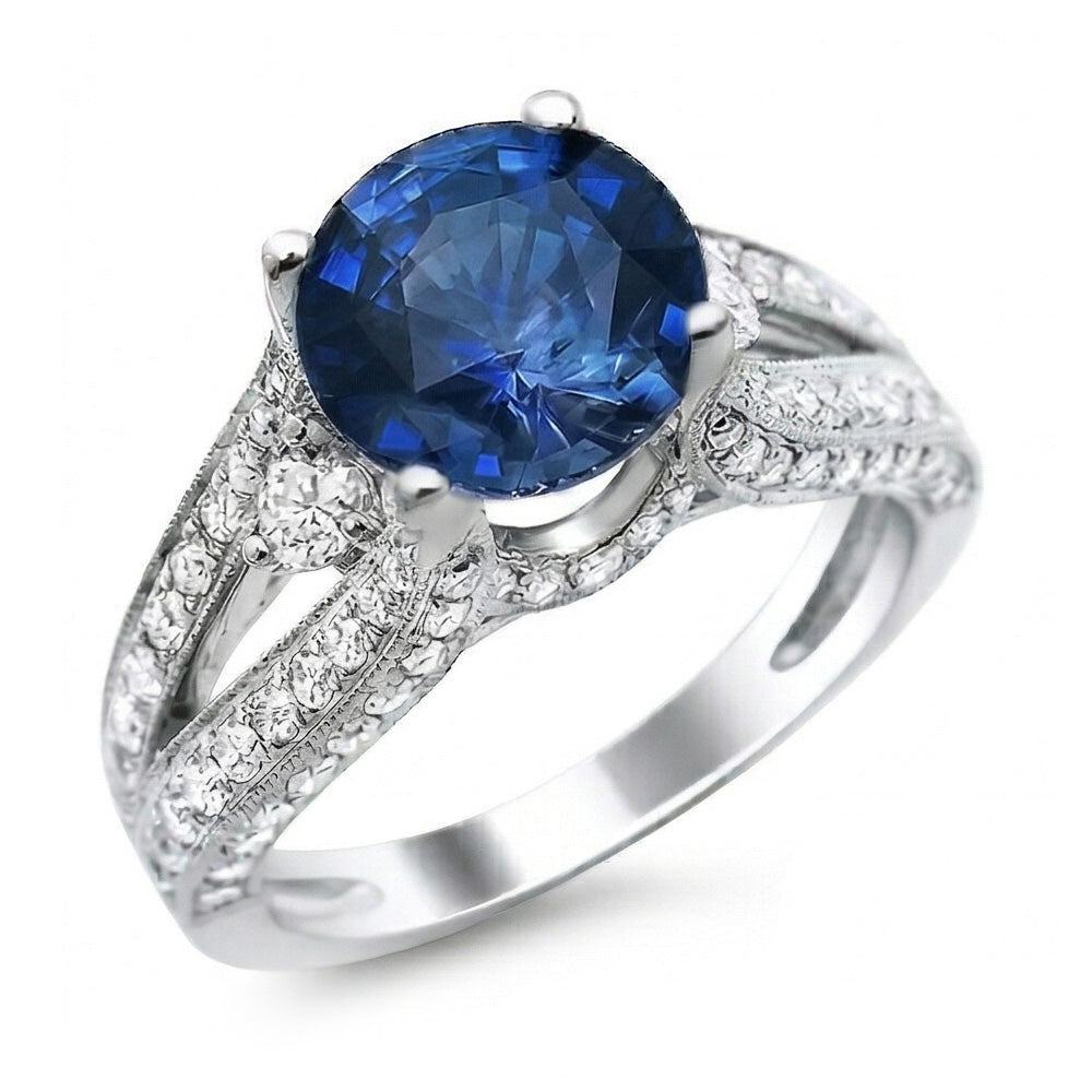 Anello con zaffiro blu di Ceylon 4 carati e diamante in oro bianco 14K
