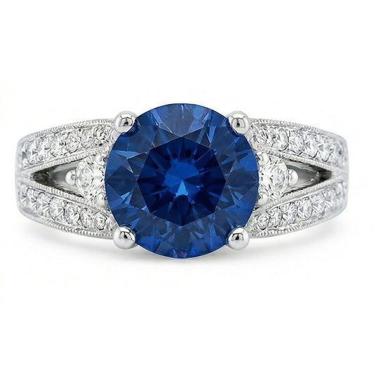 Anello con zaffiro blu di Ceylon 4 carati e diamante in oro bianco 14K