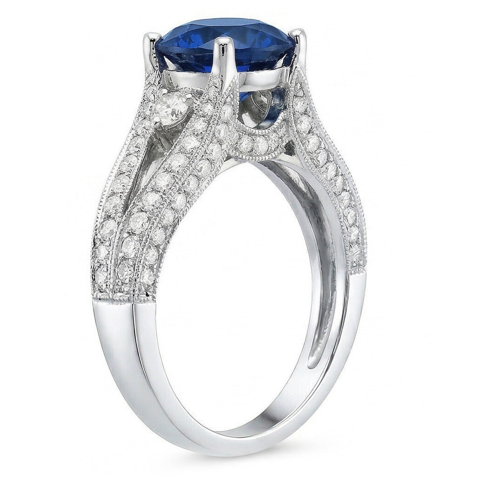 Anello con zaffiro blu di Ceylon 4 carati e diamante in oro bianco 14K