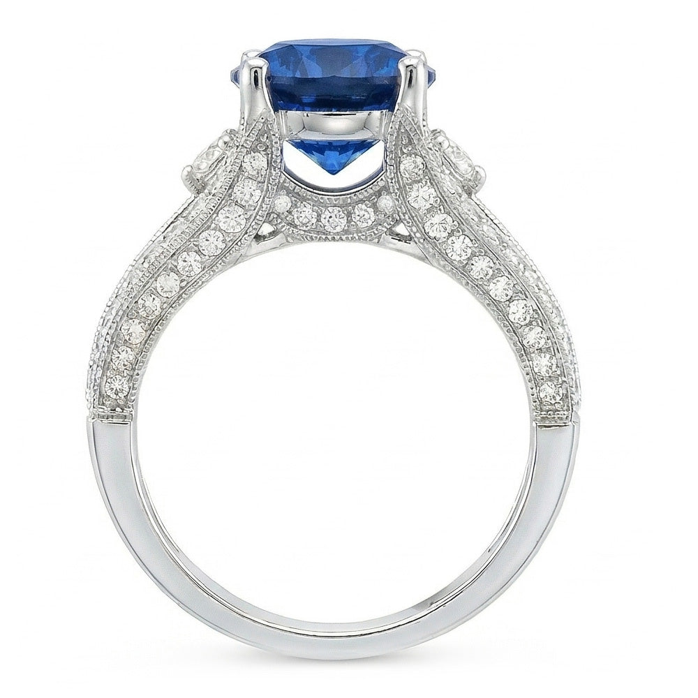 Anello con zaffiro blu di Ceylon 4 carati e diamante in oro bianco 14K
