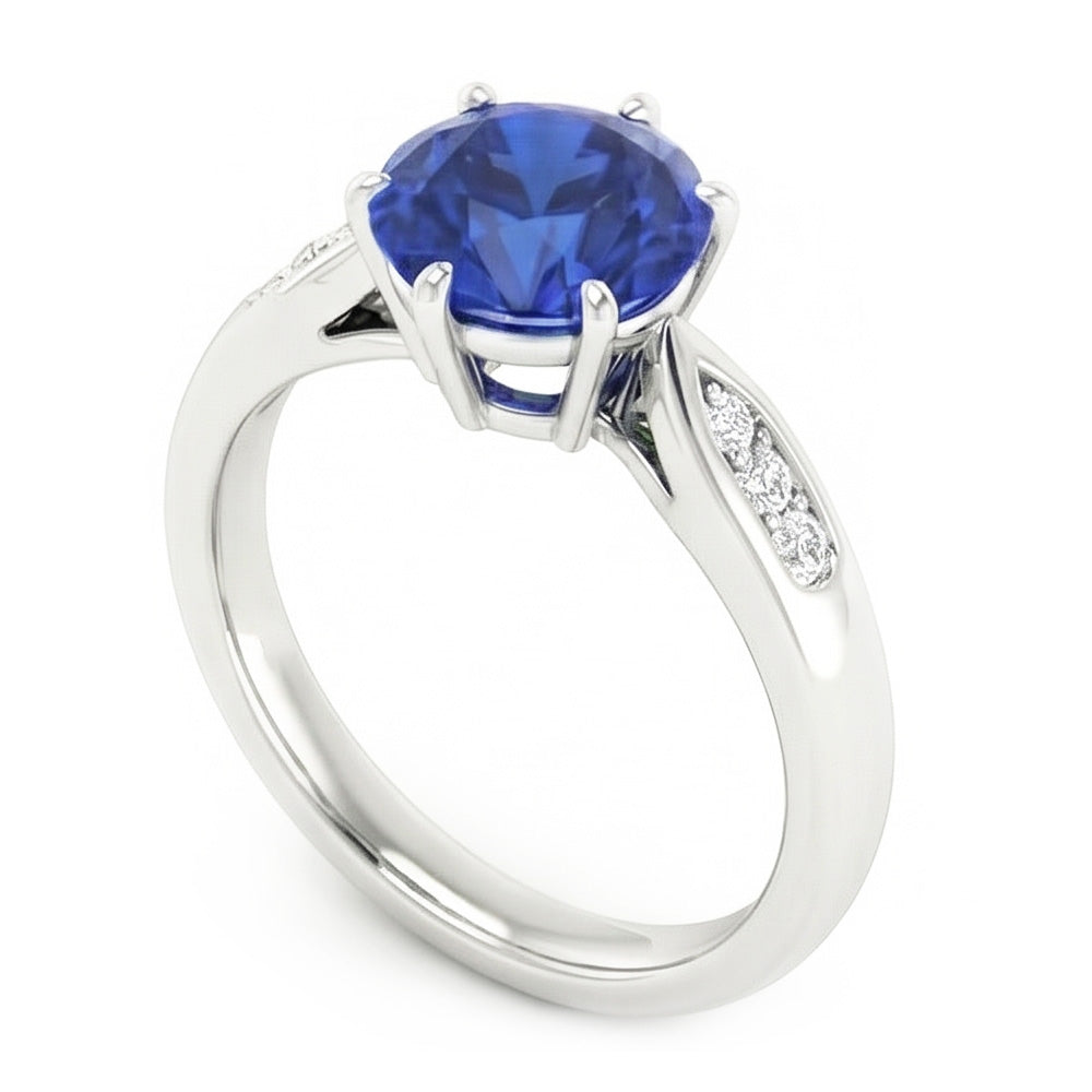 Anello con zaffiro blu di Ceylon da 1,80 carati con diamanti in oro bianco 14