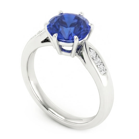 Anello con zaffiro blu di Ceylon da 1,80 carati con diamanti in oro bianco 14