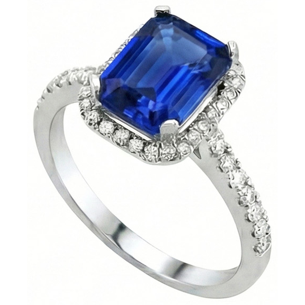 Anello con zaffiro blu di Ceylon da 3,50 carati e diamante in oro bianco 14K
