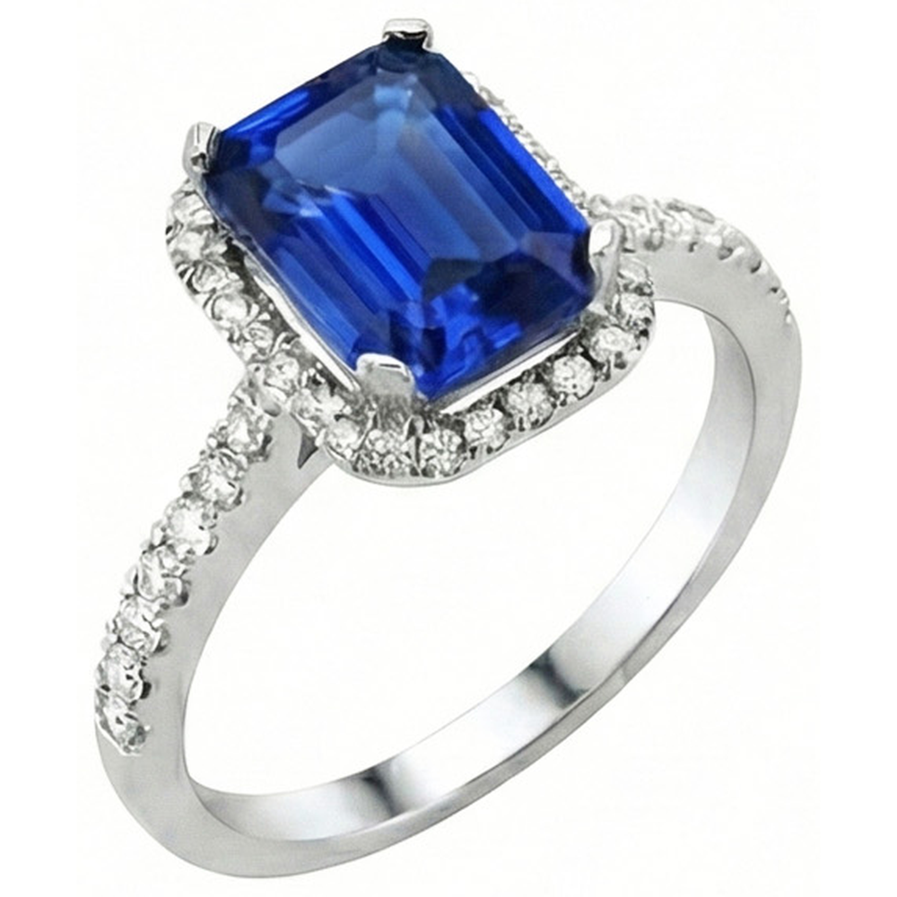 Anello con zaffiro blu di Ceylon da 3,50 carati e diamante in oro bianco 14K