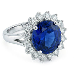 Anello con zaffiro blu di Ceylon da 5,25 carati e diamante Round WG in oro 14K