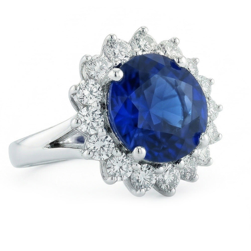Anello con zaffiro blu di Ceylon da 5,25 carati e diamante Round WG in oro 14K