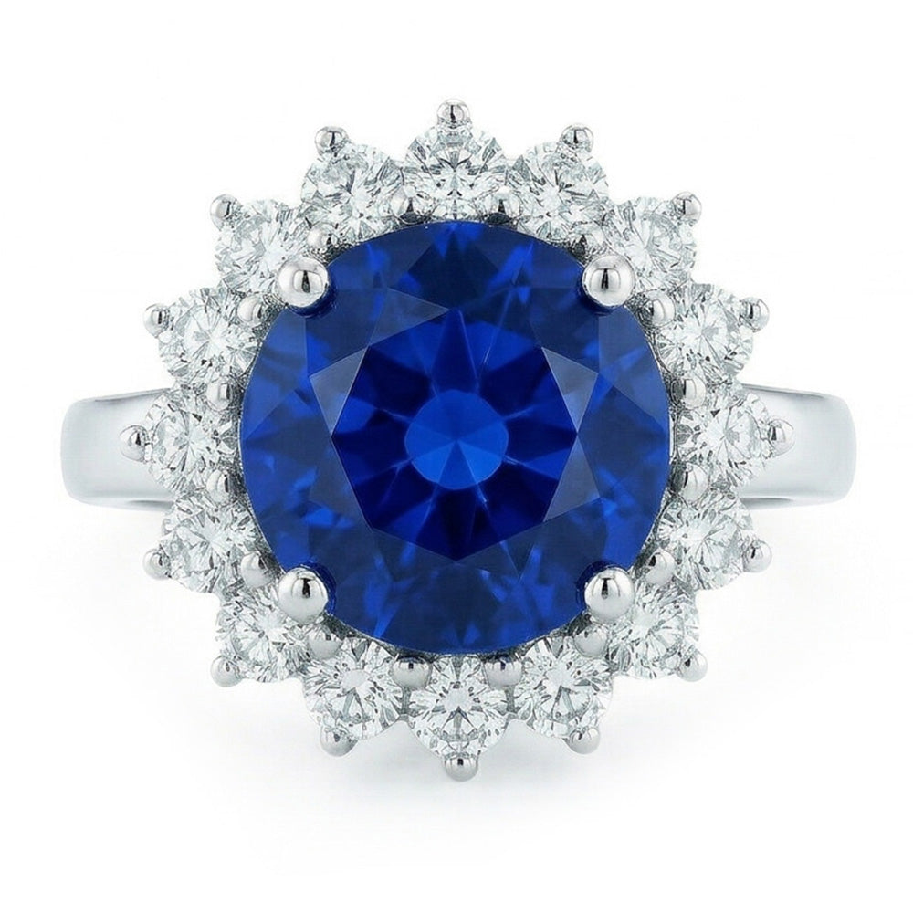 Anello con zaffiro blu di Ceylon da 5,25 carati e diamante Round WG in oro 14K