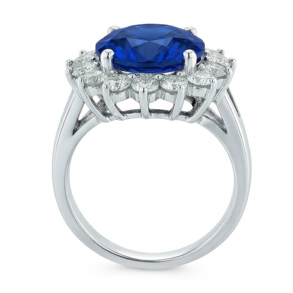 Anello con zaffiro blu di Ceylon da 5,25 carati e diamante Round WG in oro 14K