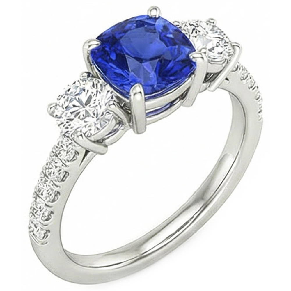 Anello con zaffiro blu e diamante rotondo 3.50 carati 3 gioielli in stile pietra
