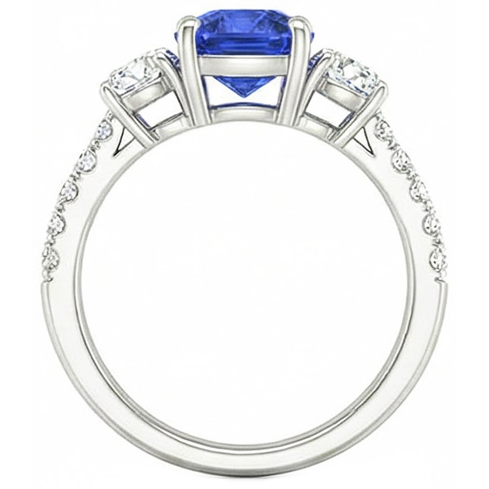 Anello con zaffiro blu e diamante rotondo 3.50 carati 3 gioielli in stile pietra
