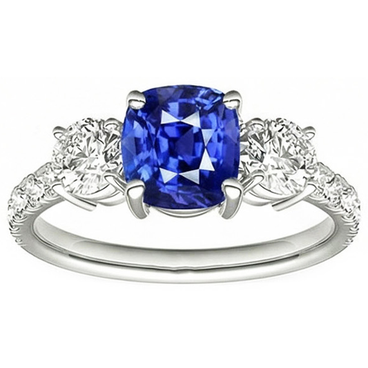 Anello con zaffiro blu e diamante rotondo 3.50 carati 3 gioielli in stile pietra