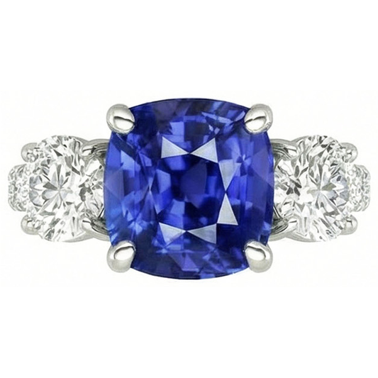 Anello con zaffiro blu e diamante rotondo 3.50 carati 3 gioielli in stile pietra