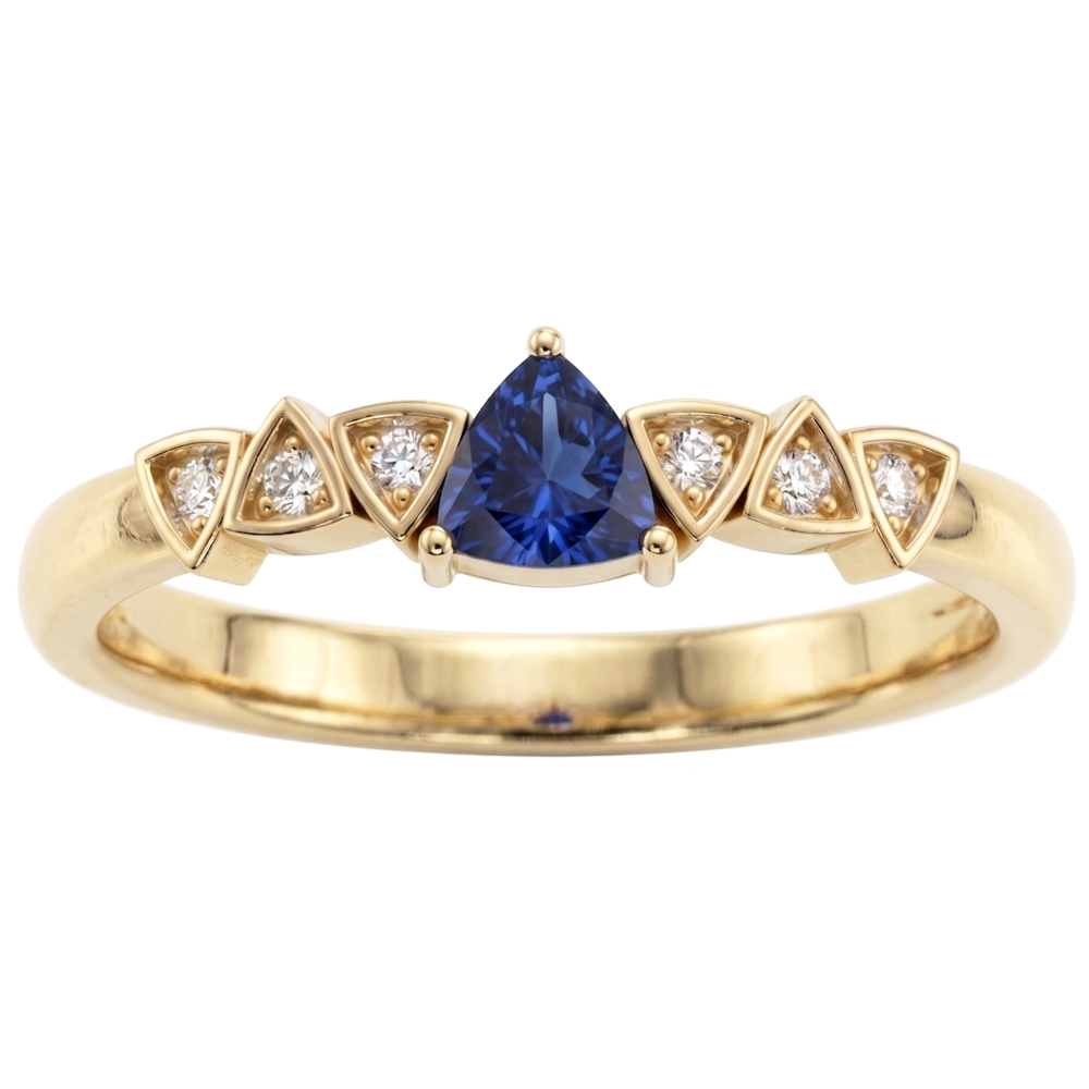 Anello con zaffiro blu e diamante rotondo a forma di trilione 0.75 carati