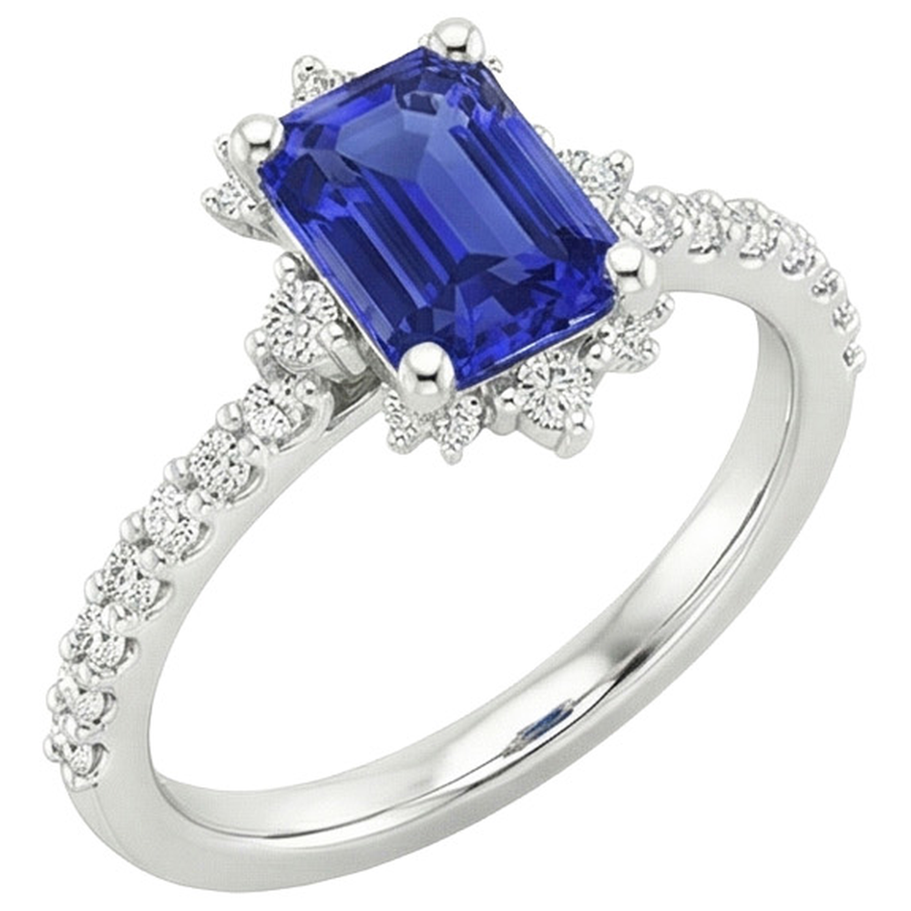Anello con zaffiro blu e diamante solitario da 4.25 carati con smeraldo con accenti