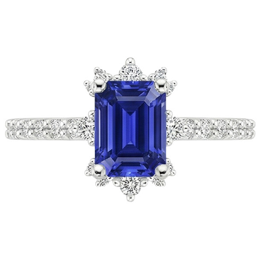 Anello con zaffiro blu e diamante solitario da 4.25 carati con smeraldo con accenti