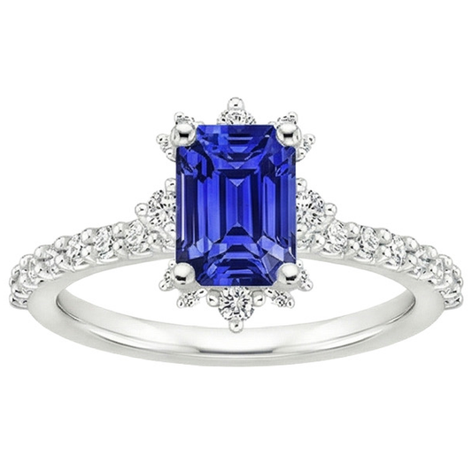 Anello con zaffiro blu e diamante solitario da 4.25 carati con smeraldo con accenti