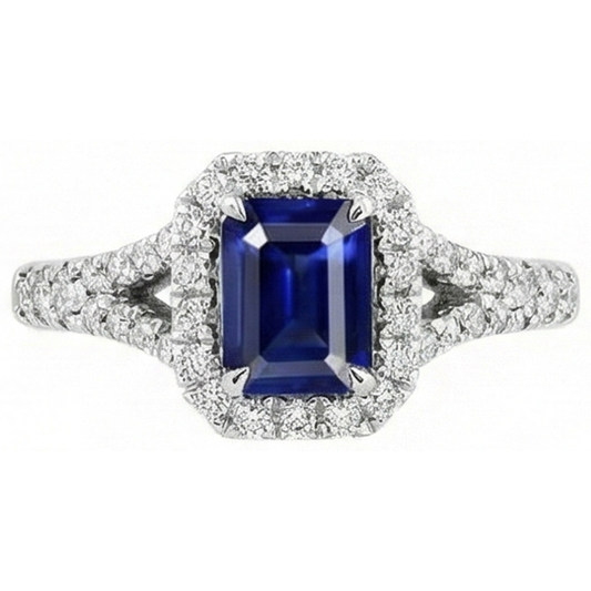 Anello con zaffiro blu e diamanti da 2.85 carati incastonato in oro bianco 14K