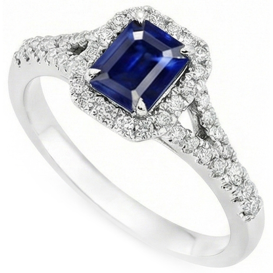 Anello con zaffiro blu e diamanti da 2.85 carati incastonato in oro bianco 14K