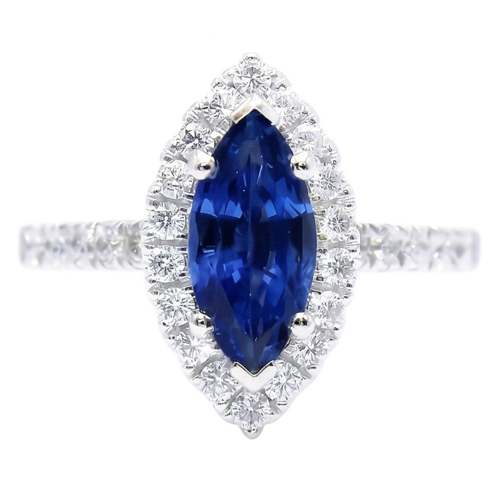 Anello con zaffiro blu marquise dello Sri Lanka da 2,60 carati e diamante rotondo