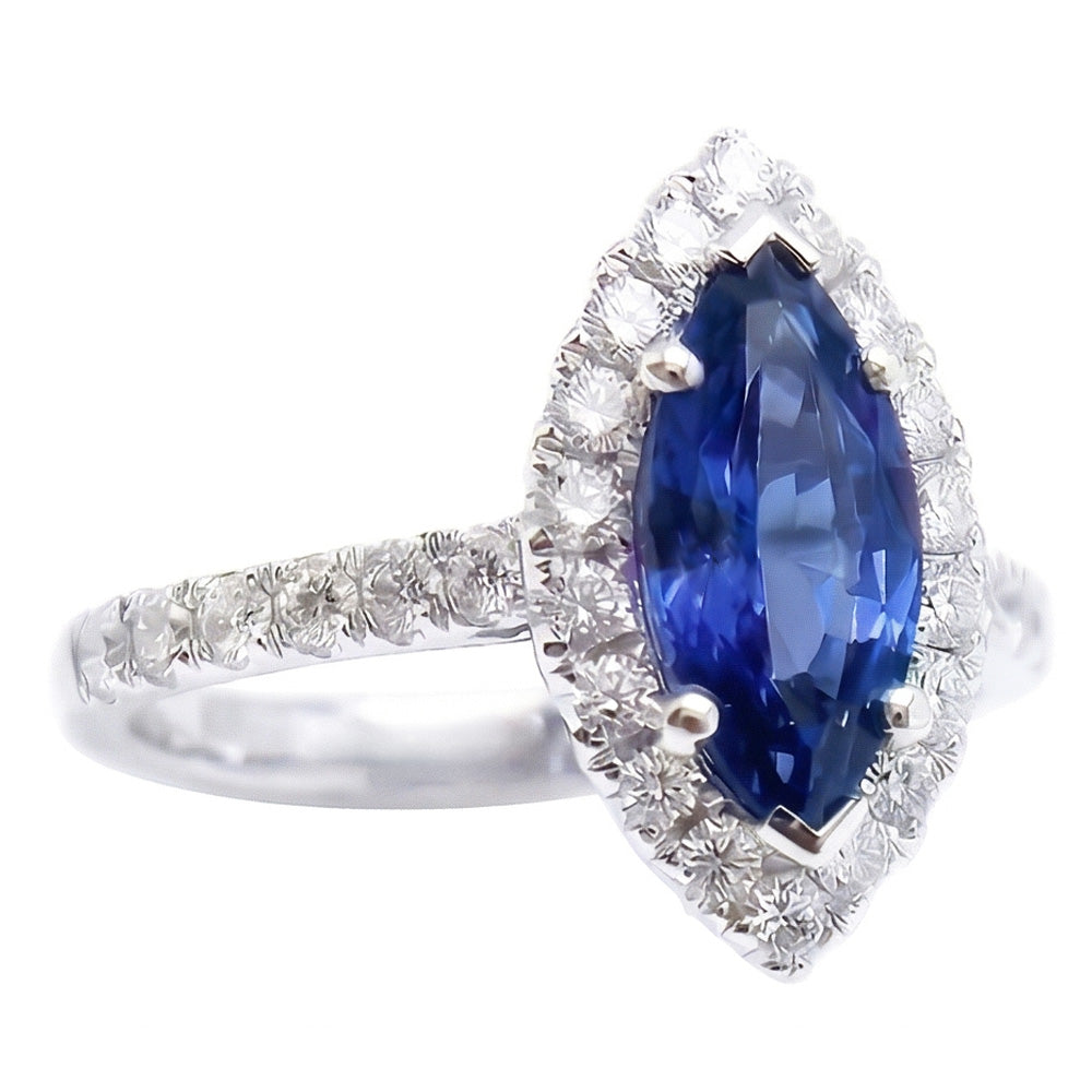Anello con zaffiro blu marquise dello Sri Lanka da 2,60 carati e diamante rotondo