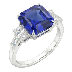 Anello con zaffiro blu naturale Asscher con diamanti luminosi e baguette 2 carati