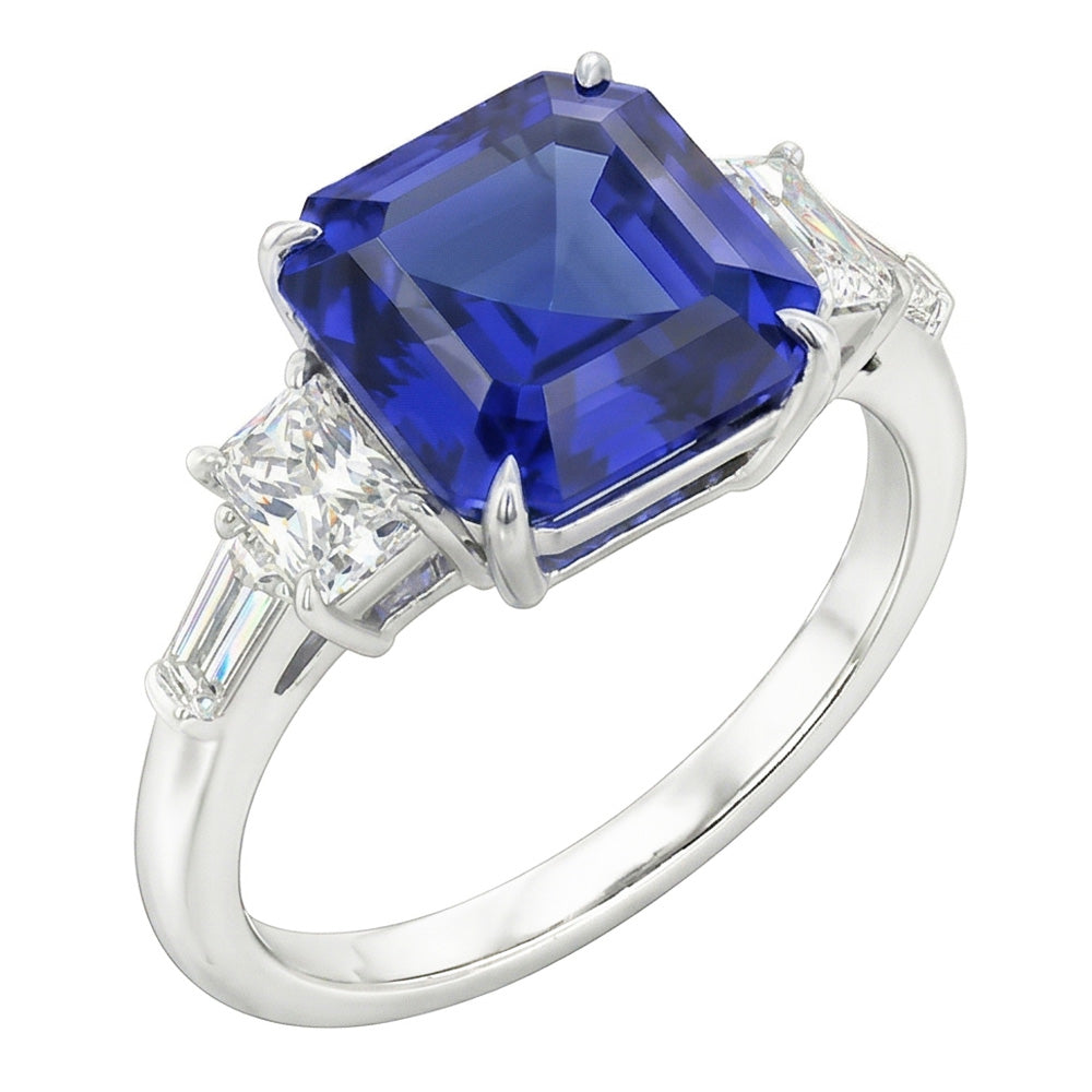 Anello con zaffiro blu naturale Asscher con diamanti luminosi e baguette 2 carati