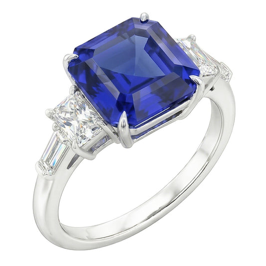 Anello con zaffiro blu naturale Asscher con diamanti luminosi e baguette 2 carati