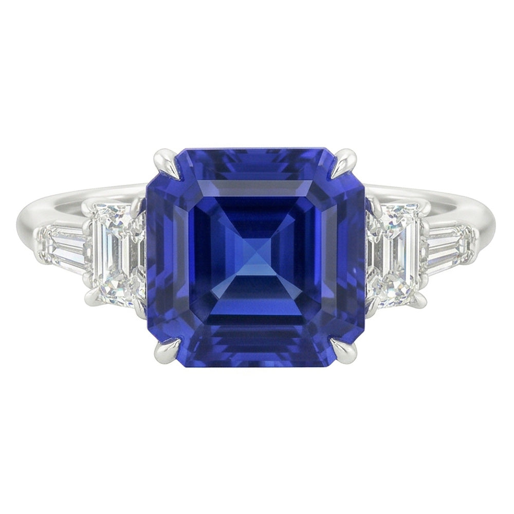 Anello con zaffiro blu naturale Asscher con diamanti luminosi e baguette 2 carati