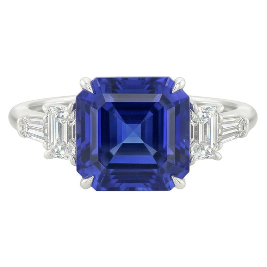Anello con zaffiro blu naturale Asscher con diamanti luminosi e baguette 2 carati