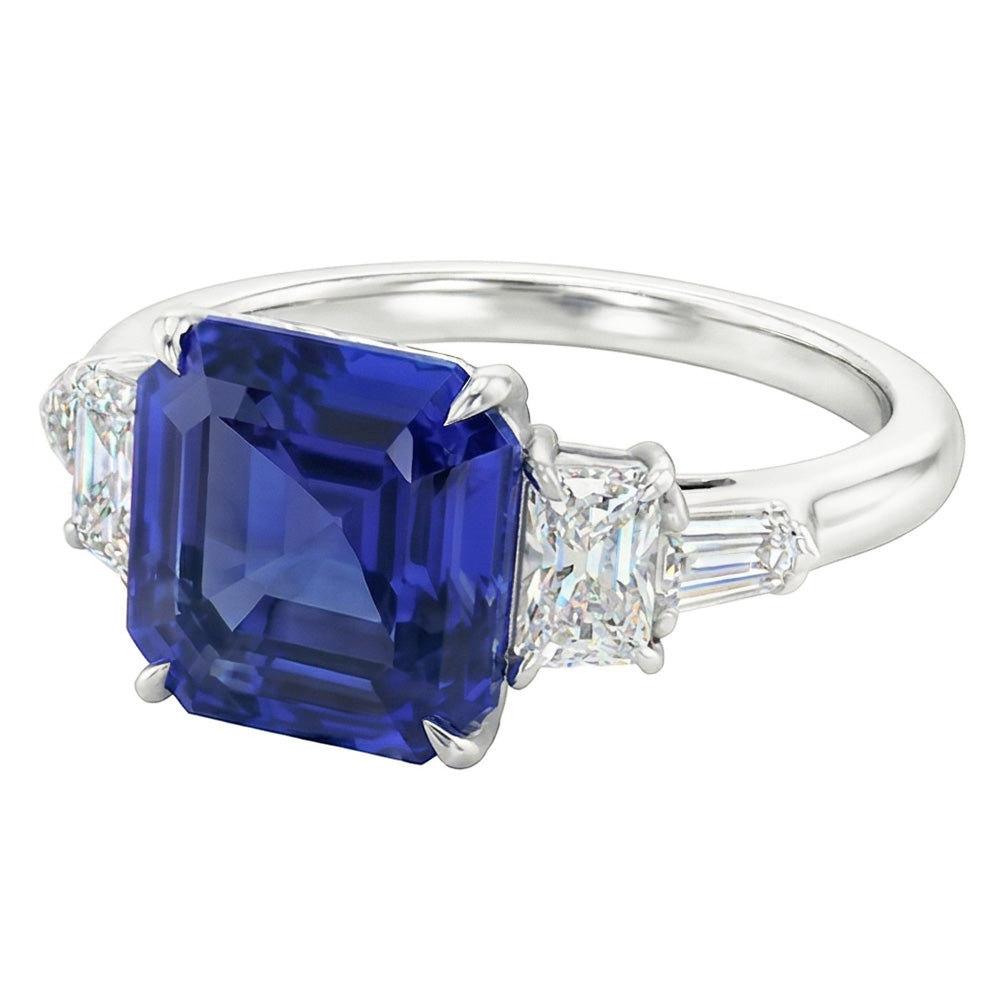 Anello con zaffiro blu naturale Asscher con diamanti luminosi e baguette 2 carati