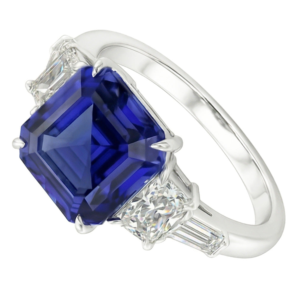 Anello con zaffiro blu naturale Asscher con diamanti luminosi e baguette 2 carati