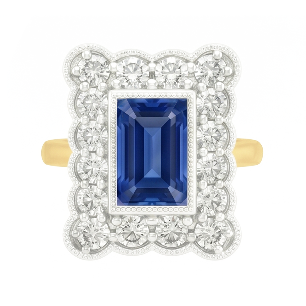 Anello con zaffiro blu naturale Halo a forma di fiore con diamante rotondo 3 carati